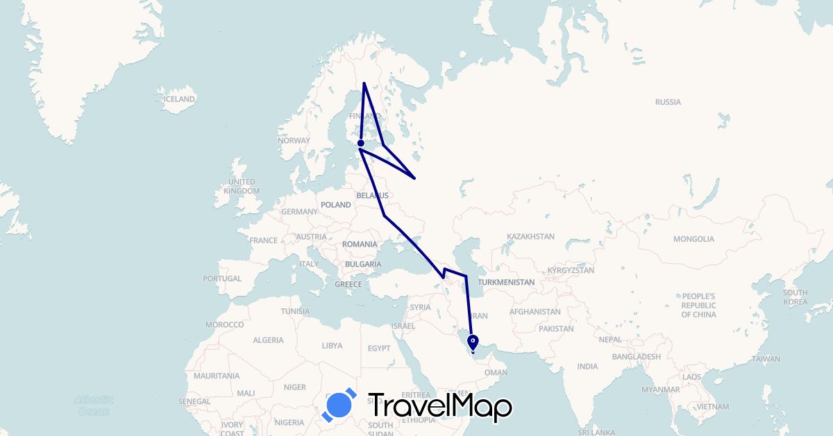 TravelMap itinerary: driving in Armenia, Azerbaijan, Estonia, Finland, Georgia, Qatar, Russia, Ukraine (Asia, Europe)
